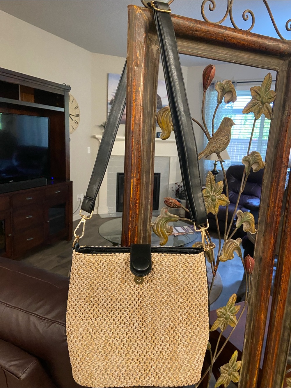Woven Straw Crossbody Bag with Black Trim